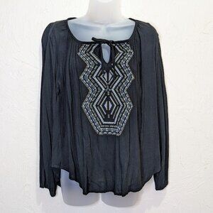 Black Peasant Hippie Blouse Womens S Flowy Lightweight Casual Boho Tunic Top